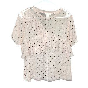 H&M Women's Blouse Top Tulle Pink Black Polka-dots Size L